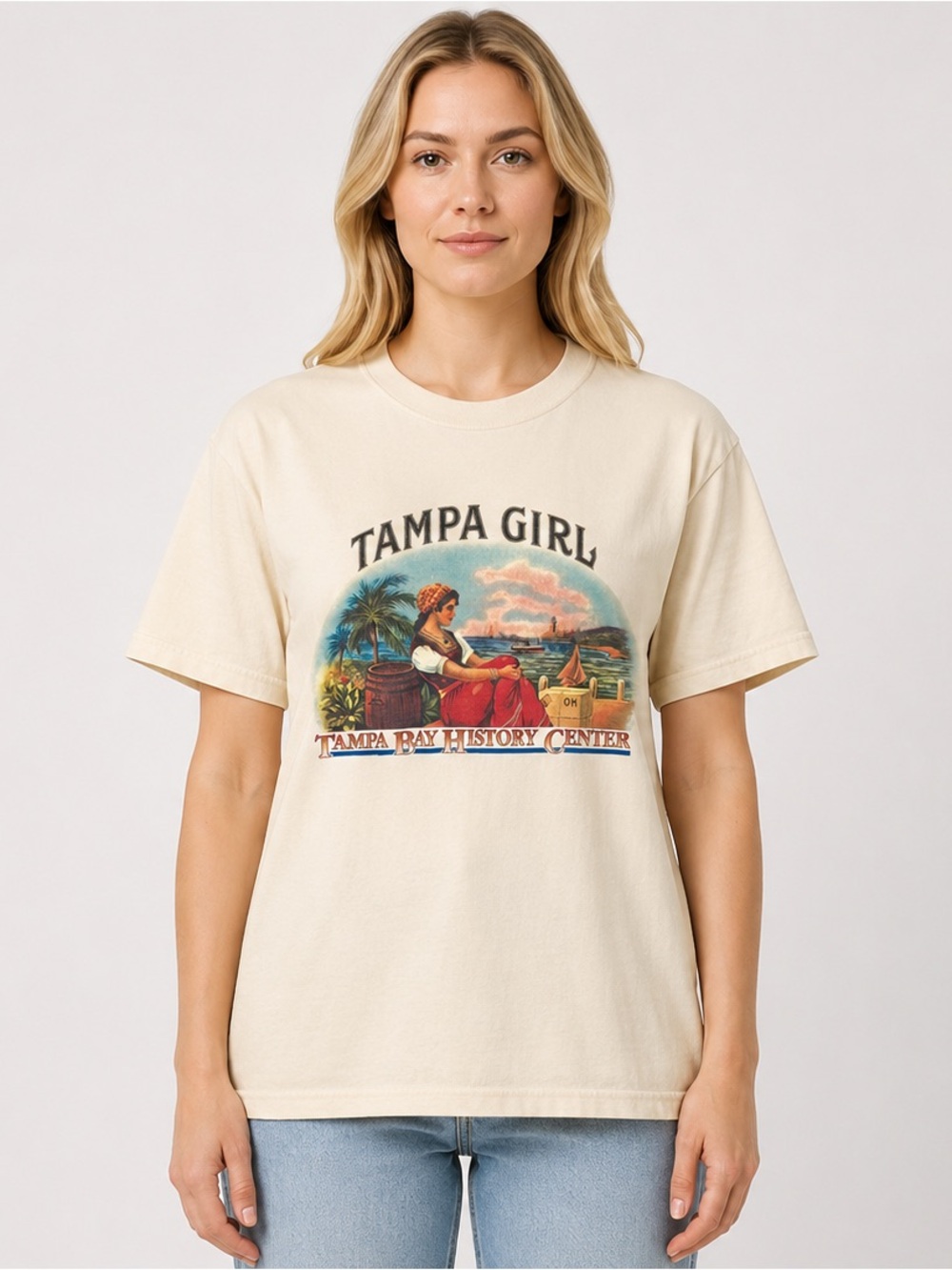 Tampa Bay History Center Tampa Girl T-Shirt Cream Size Medium on a Hanes Beefy-T